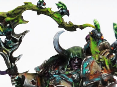 Death Guard trio of Malignant Plaguecasters from the Apostles of Contagion in Warhammer 40,000, showcasing Nurgle psyker miniatures for a Chaos tabletop army.