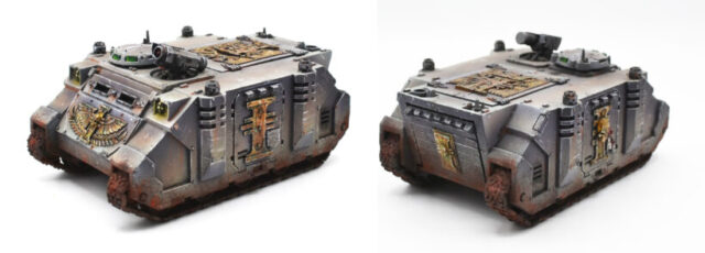 imperial-agents-inquisition-rhino-warhammer-40k-1 Imperial Agents Inquisition Rhino from Warhammer 40,000, showcasing a painted Imperial transport vehicle for a tabletop wargaming army.