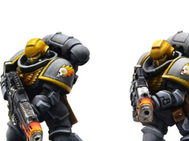 Imperial Harbingers Space Marines Hellblasters from Warhammer 40,000, showcasing painted plasma weapon specialists for a tabletop wargaming army.