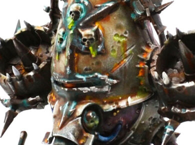 Death Guard Foetid Bloat-Drone with Fleshmower from the Apostles of Contagion in Warhammer 40,000, featuring a Nurgle daemon engine miniature.