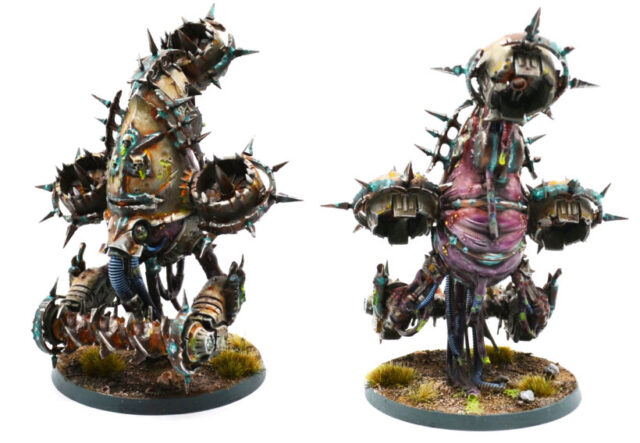 Death Guard Foetid Bloat-Drone with Fleshmower from the Apostles of Contagion in Warhammer 40,000, featuring a Nurgle daemon engine miniature.