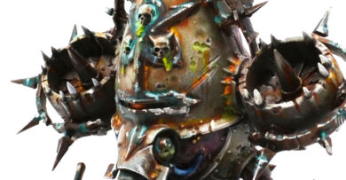 Death Guard Foetid Bloat-Drone with Fleshmower from the Apostles of Contagion in Warhammer 40,000, featuring a Nurgle daemon engine miniature.