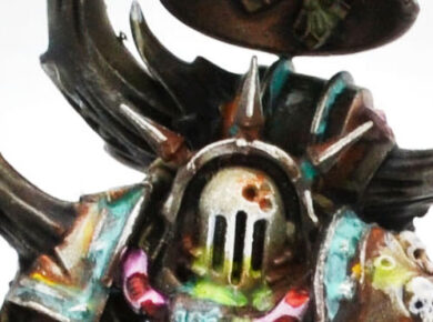 Death Guard Noxious Blightbringer miniature from the Apostles of Contagion in Warhammer 40,000, featuring a corrupted Nurgle warrior.