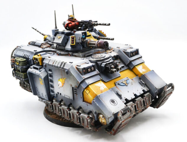 imperial-harbingers-space-marines-repulsor-warhammer-40k-1 Imperial Harbingers Space Marines Repulsor from Warhammer 40,000, showcasing a painted Space Marine tank for tabletop wargaming.
