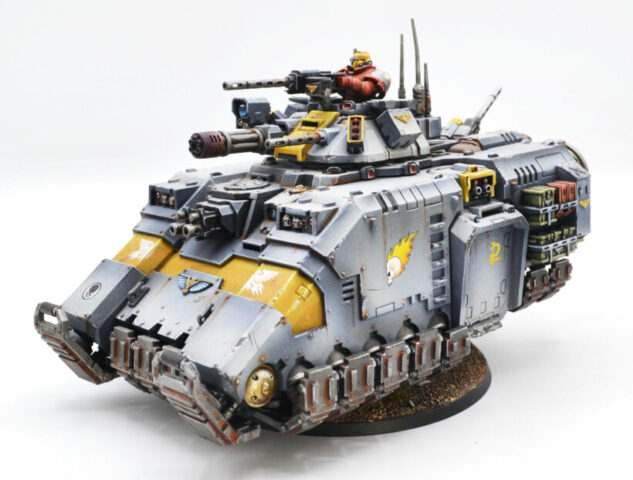imperial-harbingers-space-marines-repulsor-warhammer-40k-2 Imperial Harbingers Space Marines Repulsor from Warhammer 40,000, showcasing a painted Space Marine tank for tabletop wargaming.