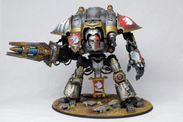 Imperial Knights Freeblade Canis Rex from Warhammer 40,000, showcasing a detailed Knight miniature for an Imperial tabletop wargaming army.