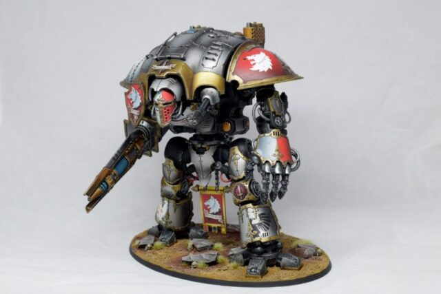 Imperial Knights Freeblade Canis Rex from Warhammer 40,000, showcasing a detailed Knight miniature for an Imperial tabletop wargaming army.