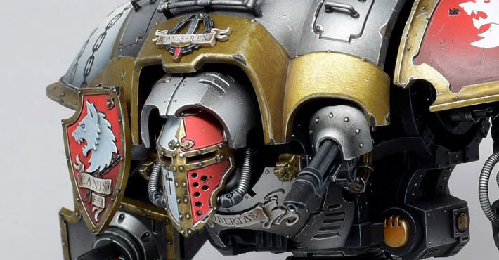 Imperial Knights Freeblade Canis Rex from Warhammer 40,000, showcasing a detailed Knight miniature for an Imperial tabletop wargaming army.